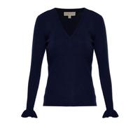 Michael Kors- Suéter de Punto con Cuello en V en Mezcla de Lana Acanalada- Knitwear- Mujer- Azul- XS- Suéter de Punto con Cuello en V en Mezcla de Lana Acanalada