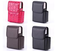 Michear Estuche organizador de cigarrillos con funda para encendedor de piel sintética para 20 cigarrillos, diseño de cartera para hombres y mujeres (negro liso)