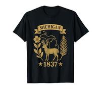 Michigan 1837 Vintage Ciervo Flor Pino Naturaleza Retro Estado Camiseta
