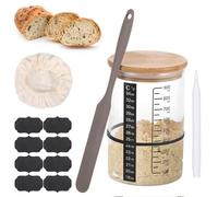 MICHIHOMIE 900 ML Tarro de Fermentación de Masa, Sourdough Starter Kit Incluyendo Goma Elástica, Papel para Termómetro, 8 Etiquetas, Espátula de Silicona, Tapa de Tela para El Fermentador Rotulador