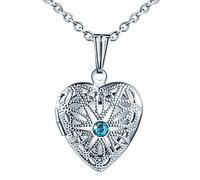MicLee Collares Foto Mujer, Collar con Cadena Colgante Corazon con Brillante Circonita Azul,Acero Inoxidable, Plata