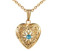 MicLee Collares Foto Mujer, Collar con Cadena Colgante Corazon Hueco con Brillante Circonita Azul,Color de Oro