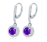 MicLee Pendientes de Plata 925 para mujer, Aros colgantes de piedras preciosas moradas con cierre francés, Aretes de circonita redonda, Joyería para aniversario boda