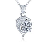 MICMIF Collar de mujer con colgante de delfín moisanita de 1,0 ct y | Cadena y colgante con forma de delfín, moisanita D-VVS1 redondo brillante, circonita, plata 925, joyería para mujer
