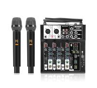 MICNAUX - Mezclador de audio de 4 canales, mezclador de karaoke con micrófonos inalámbricos duales, tablero de sonido profesional, consola de mezcla de DJ, MP3, Bluetooth, 48 V, interfaz USB de
