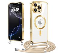 Micnkifo Funda Magnético para iPhone 16 Pro MAX Cordón Colgante Collar Ajustable, Compatible con MagSafe, Antigolpes Anti-Arañazos Collar Correa Cordón Carcasa para iPhone 16 Pro MAX, Oro