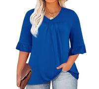 Micoson Blusas de talla grande para mujer, manga 3/4 con volantes, casual, cuello en V, plisada, blusa tipo túnica de ajuste holgado (1X-5X), Azul, XXXXXL