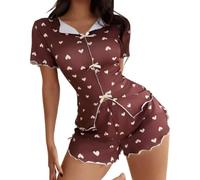 Micpointik Conjunto de ropa de dormir de poliéster para mujer con cuello en | Diseño de cuello en V, detalle de lazo, parte superior de manga corta, patrón impreso, ajuste holgado y cómodo