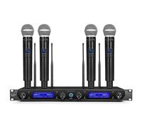 MicrocKing Sistema de micrófono inalámbrico, con 4 micrófonos de mano, construcción de metal, frecuencia fija, largo alcance de 400 pies, ideal para fiestas, bodas, iglesias, conferencias, discursos