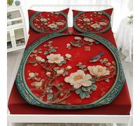 Microfibra cepillada Suave Sábana Ajustable 150x190 cm Bolsillo Profundo 30 cm, Estilo Chino Arte Floral Tradicional Transpirable Juego de Ropa de Cama Rojo Sábana Ajustable para Adultos Y Niños