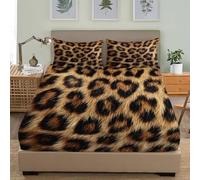 Microfibra cepillada Suave Sábana Ajustable 200x200 cm Bolsillo Profundo 30 cm, PatróN Abstracto de Leopardo Sábana Ajustable para Adultos Y Niños MarróN Transpirable Juego de Ropa de Cama
