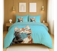 Microfibra con Cremallera Azul Marrón Juego de Funda Edredón Anime Sencillo Romántico Gato Resistente A La Humedad para Adolescente Duvet Cover 135 x 200 cm