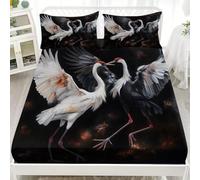 Microfibra Sábana Ajustable PatróN ArtíStico de Grulla de Corona Roja Sábana Bajera Ajustable, Negro Elástico en el Borde Bolsillo Profundo 30cm para Cama Individual o Matrimonial 135x190 cm