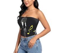 Micrófono con estampado de notas musicales para mujer, sin tirantes, Negro