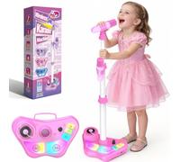 Micrófono con Soporte y Luces Dislocati para Niñas - Juguete de Karaoke Portátil con Altavoz, Doble Micrófono, Bluetooth, TF, USB, Altura Regulable 47-108 cm - Regalos para Niñas de 3-12 Años (Rosa)