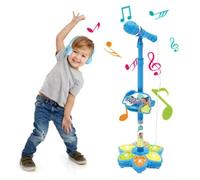 Micrófono de estrella para niños con soporte, juguete Microphon-e 2026 con música integrada, efectos de eco y luces coloridas, máquina de canto portátil de altura ajustable para niñas y niños (azul)