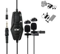 Micrófono de Solapa Omnidireccional de Doble Cabezal KIWIFOTOS con Adaptador de Conector de 3,5 mm a 6,5 mm para DSLR/Videocámaras/Tableta/Teléfono/PC/Guitarra/Podcast/Transmisión en Vivo/Juegos