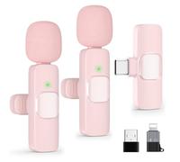 Micrófono Lavalier inalámbrico para Android/iPhone/computadora/portátil, micrófono inalámbrico para iPhone 15 con chip de reducción de ruido, mini micrófono para grabar podcast YouTube, TikTok (rosa)