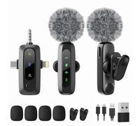 Micrófono Lavalier inalámbrico profesional 3 en 1 para iPhone/Android/cámara (Lightning/USB/conector de 3.5 mm), 2 micrófonos Bluetooth con pantalla LED con silencio/ruido, para video de vlog, Youtube