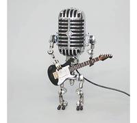 Micrófono retro robot lámpara de escritorio micrófono de metal robot lámpara de escritorio con mini guitarra lindo fresco dormitorio retro bar restaurante iluminación decoración (B)