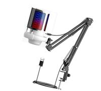 Micrófono USB de transmisión para juegos para jugadores con iluminación LED colorida, pastilla transparente, micrófono de reducción de ruido ajustable de 360 grados