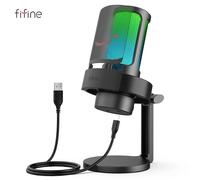 Micrófono USB FIFINE para grabar y transmitir en PC y Mac, salida de auriculares y botón de silencio táctil, micrófono con 3 modos RGB -A8 Rosa