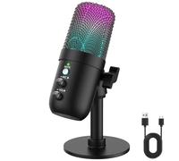 Micrófono USB, micrófono condensador de computadora con cancelación de ruido, modo eco, iluminación RGB, botón de silencio, micrófono para juegos Plug & Play para PC, Mac, PS5, transmisión, grabación