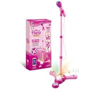 Micrófono y soporte para niños, máquina de karaoke para niños con soporte ajustable, micrófono de karaoke con función de música y luces intermitentes de escenario para niñas y niños