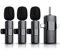 Micrófonos Lavalier inalámbricos 3 en 1 para iPhone, iPad, Android, cámara, batería de 12 horas, mini micrófono de grabación de reducción de ruido de 2.4 G, retardo ultra bajo, micrófono para Vlog,