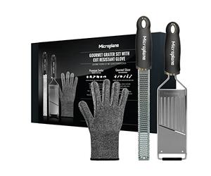 Microplane Juego de rallador de cocina (rallador de verduras y guante) para queso parmesano, patata, pepino, calabacín, zanahoria, jengibre y nuez moscada con cuchillas afiladas de acero inoxidable