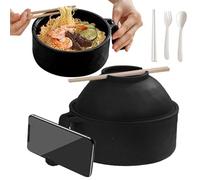 Microwave Ramen Bowl with Lid, Made of polypropylene material Ramen Noodles Bowl Set with Chopsticks, Spoon and Fork, Ramen Bowl Microwavable Portable Ramen Cooker, Apartment Essentials(Black)