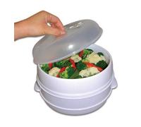 Microwave Steamer | Teletienda TV Envase para Cocinar al Vapor MicroWave Steamer, Vidrio Resistente a Microondas, Redonda, Blanco