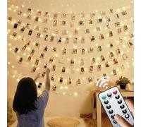 Microwear Fotoclips Cadena de luces,12m,120 ledes,8 modos,fotos con mando a distancia,USB,funciona con pilas,para fotos,habitaciones,Navidad,bodas (52 pinzas y 25 uñas)