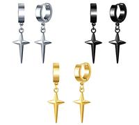 MicVivien 3-4 Pare Conjunto Pendientes de Aro con Colgantes Cono de pinchos/Cruz de estrella/Pirámide triangular Acero Inoxidable para Hombre Mujer Aretes de Aro con Colgante Piercing de Orejas