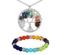 MicVivien Natural Raíz Siete Chakra Pulsera + Collar Mujer árbol de la Vida Colgante Collar de Cobre Chakra Piedra Preciosa Collar de Amatista Colgante Collar para Unisex Hombre Mujer