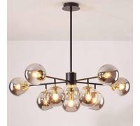 Mid-Century Glass Chandelier - Adjustable Height Pendant Lighting with Glass Globes for Living Room, Dining Room, Bedroom, Kitchen - Black Metal