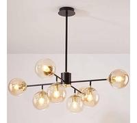 Mid-Century Glass Chandelier - Adjustable Height Pendant Lighting with Glass Globes for Living Room, Dining Room, Bedroom, Kitchen - Black Metal