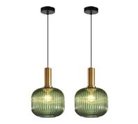Mid Century Green Striped Glass Chandelier Brass Finish Farmhouse Light Cafe Ceiling Adjustable Height Pendant Lamp 7.9'' Hanging Lights for Bedroom Dining Room(2PCS)