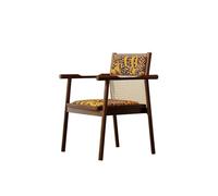 Mid-Century Modern Rattan Back Accent Chair, Upholstered Leaf Print Seat, Black Solid Wood Frame - Comfy Armchair for Home Office(L)