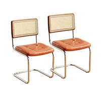 Mid Century Modern Rattan Dining Chairs Set of 2 with Cane Backrest Comfy Leather Upholstered Accent Desk Chair for Kitchen & Dining Room Metal Legs Brown (23,83" D x 16,35" W x 34,07" H)
