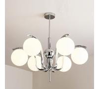 Mid Century Silver Chandelier Restaurant with White Glass Globe Adjustable Height Pendant Lights Vintage Flush Mount Ceiling Hanging Lamp for Over Table Living Room(6-Light)
