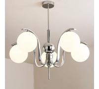 Mid Century Silver Chandelier Restaurant with White Glass Globe Adjustable Height Pendant Lights Vintage Flush Mount Ceiling Hanging Lamp for Over Table Living Room(5-Light)