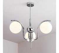 Mid Century Silver Chandelier Restaurant with White Glass Globe Adjustable Height Pendant Lights Vintage Flush Mount Ceiling Hanging Lamp for Over Table Living Room(3-Light)