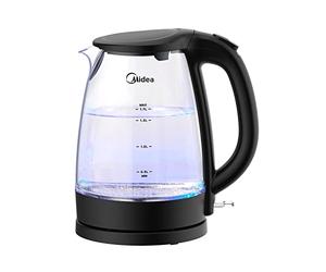 Midea MK-17G02A2 - Hervidor eléctrico, 1,7 L, hervidor de cristal sin BPA, con indicador LED azul, 2200 W de ebullición rápida, filtro extraíble, cable recogedor, apagado automático