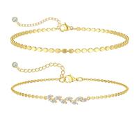 MIDEEO Tobilleras de oro y plata para mujer, tobilleras de oro de 14 quilates para mujer, impermeables, eslabones cubanos, cuentas de corazón, espiga, diamantes de imitación, juego de tobilleras en