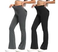MiDoDo Pack de 2 Sin Costuras Pantalones de Yoga Acampanados con Bolsillos Cintura Alta Mujer，Opaco Control de Barriga Bootcut Pantalones Yoga para Fitness