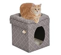 MidWest Homes for Pets Feline Nuvo Curious Cat Cube, escondite plegable para gatos con juguete, parte superior de cama reforzada, diamante de hongo, piel sintética