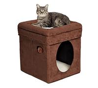 MidWest Homes for Pets Feline Nuvo Curious Cat Cube, escondite plegable para mascotas con juguete, parte superior de cama reforzada, gamuza marrón sintética, piel de oveja sintética