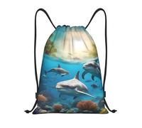 MIEKGPS Delfines tortuga marina tiburón pulpo impresión coral mochila con cordón bolsa de deporte bolsa de gimnasio bolsa de cordón bolsa de playa bolsa de yoga, Negro, S