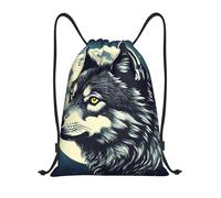 MIEKGPS Lobo Noche Luna Impresión Mochila con Cordón Bolsa de Deporte Bolsa de Gimnasio Bolsa de Cuerda Bolsa de Playa Bolsa de Yoga, Negro, M